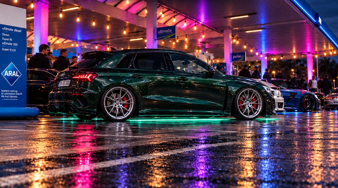 Grüner Audi unter dem beleuchteten Tankstellendach